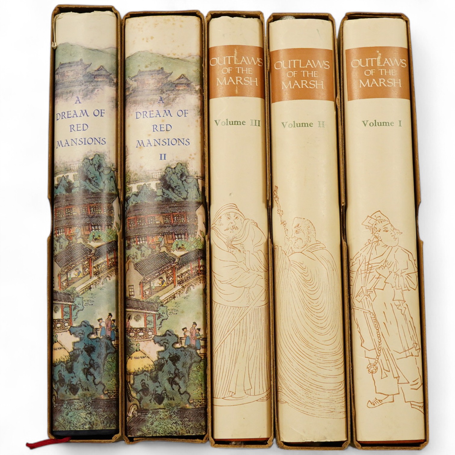 Nai'an, Shi & Guanzhong, Luo - Outlaws of the Marsh. Translated by Sidney Shapiro. 3 vols. num. plates, half titles; publisher's cloth and d/wrappers, patterned e/ps., in slipcases. Beijing: Foreign Languages Press, 1980